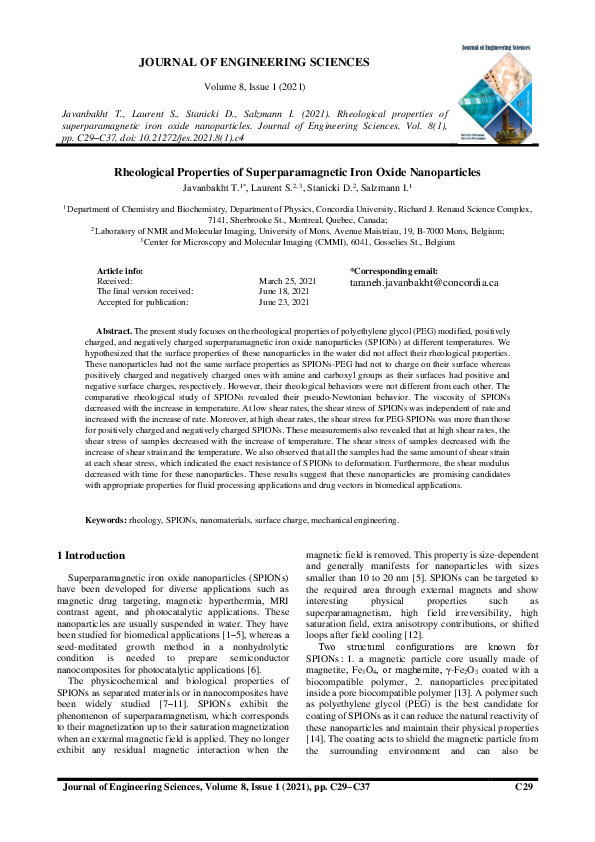 (PDF) Rheological Properties of Superparamagnetic Iron Oxide Nanoparticles