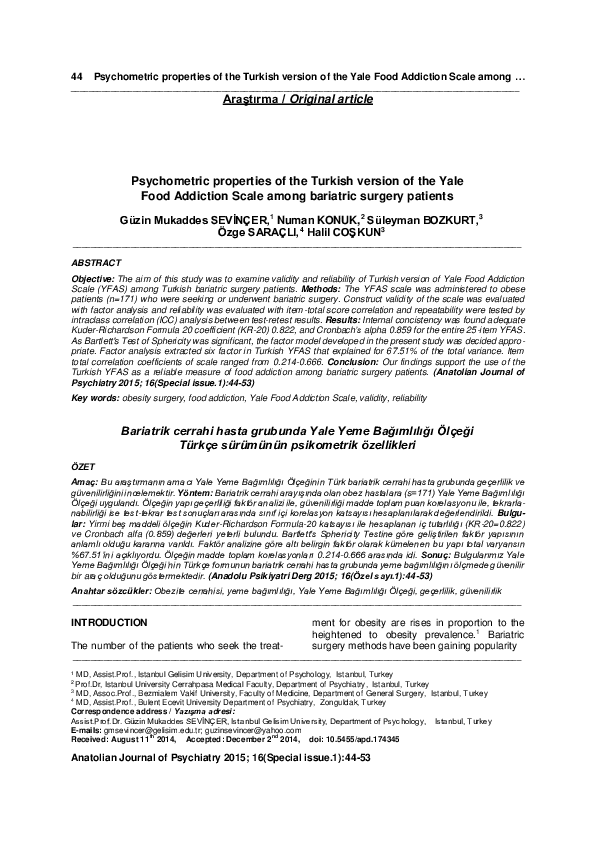 (PDF) Psychometric properties of the Turkish version of the Yale Food ...