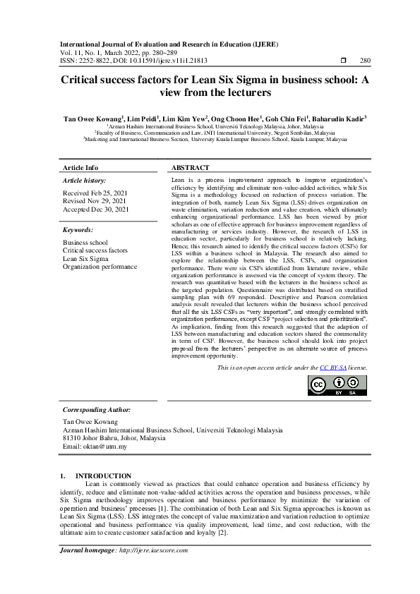 (PDF) Critical success factors for Lean Six Sigma in business school: A ...