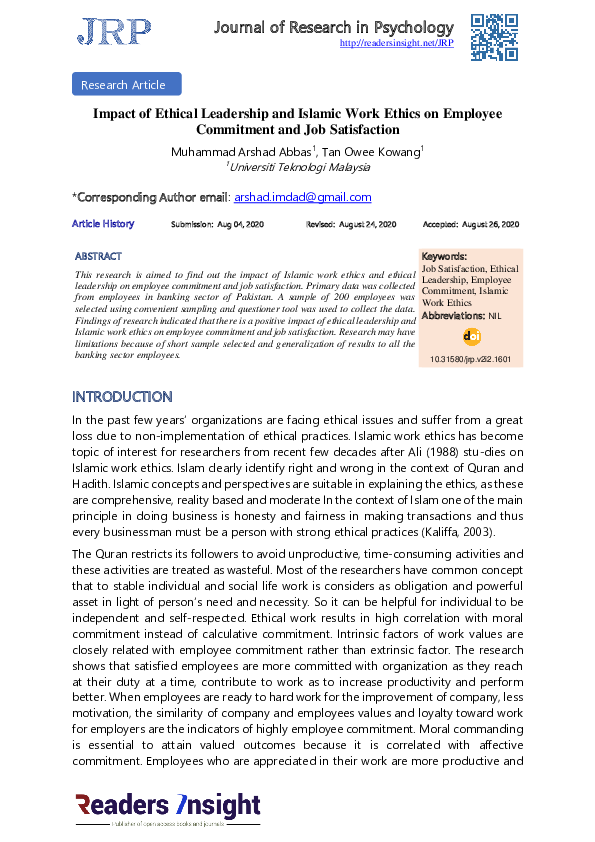 (PDF) Impact of Ethical Leadership and Islamic Work Ethics on Employee ...