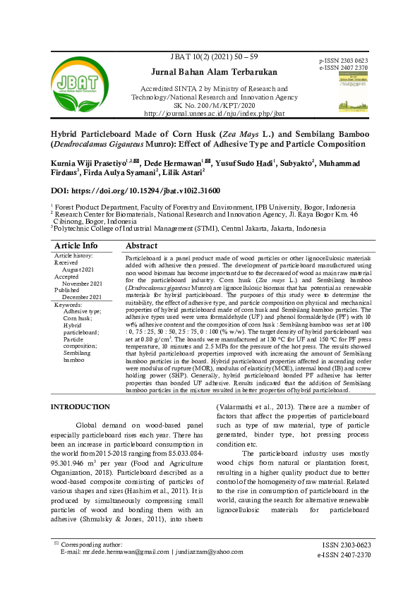 (PDF) Hybrid Particleboard Made of Corn Husk (Zea Mays L.) and ...