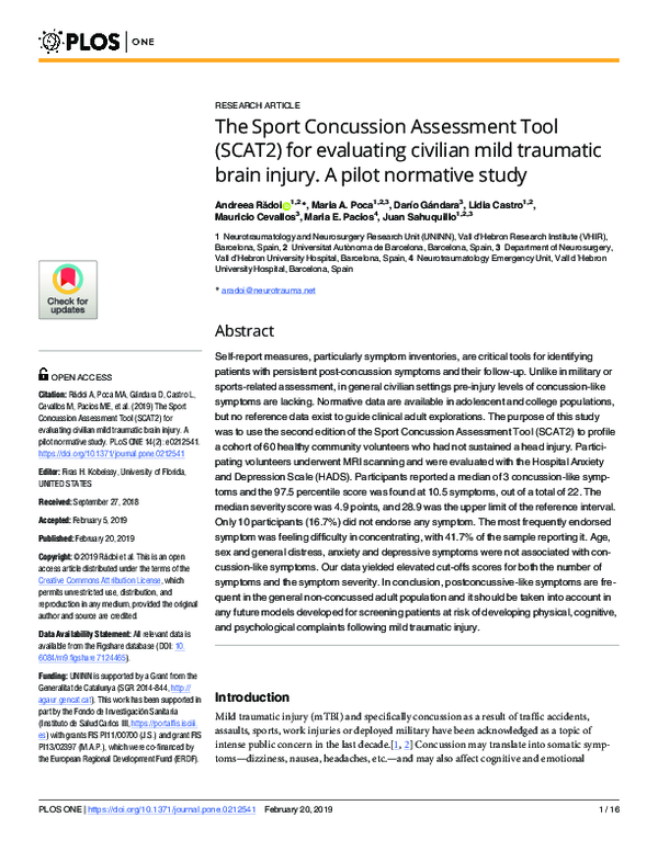 (PDF) The Sport Concussion Assessment Tool (SCAT2) for evaluating ...