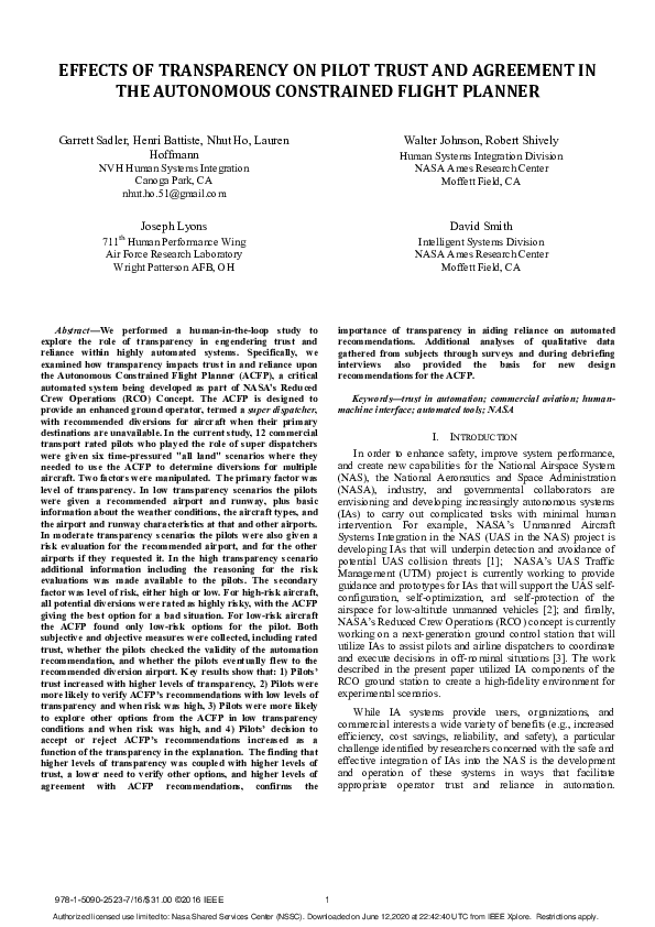 (PDF) Effects of transparency on pilot trust and agreement in the ...