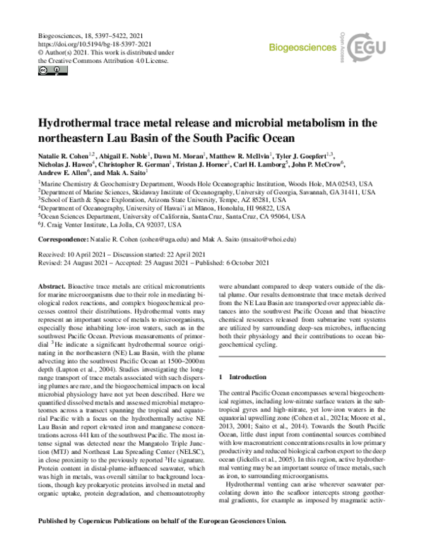 (PDF) Hydrothermal trace metal release and microbial metabolism in the ...
