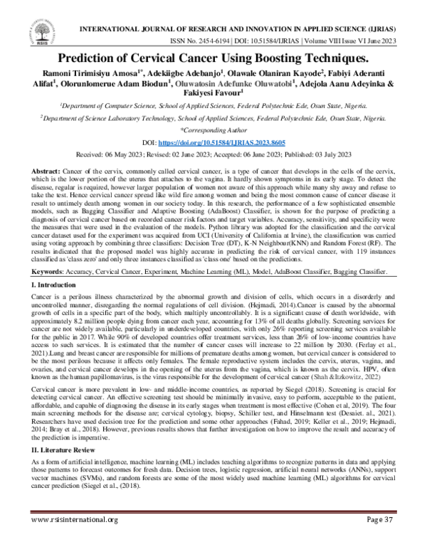 (PDF) Prediction of Cervical Cancer Using Boosting Techniques