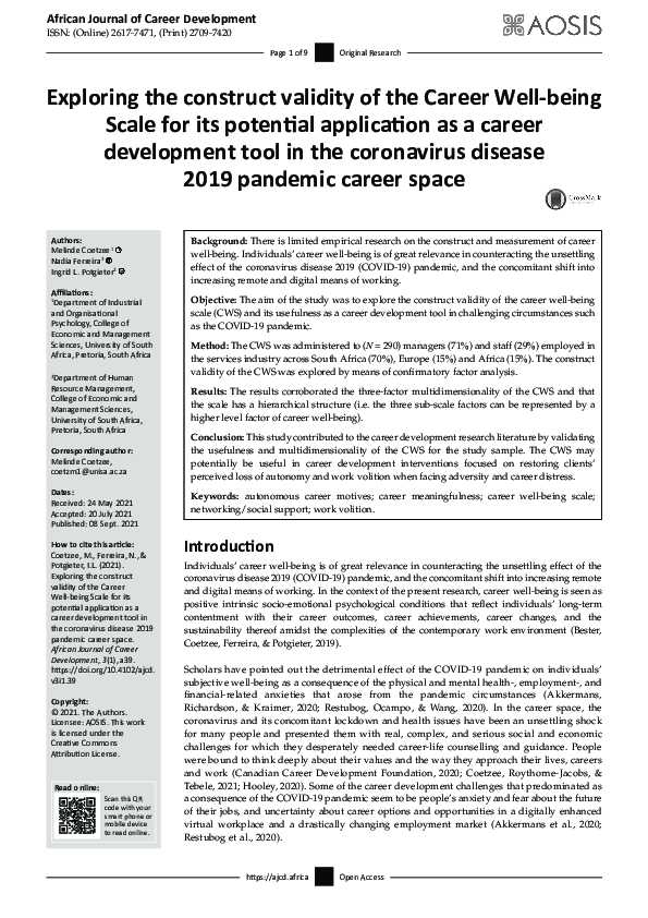 (PDF) Exploring the construct validity of the Career Well-being Scale ...
