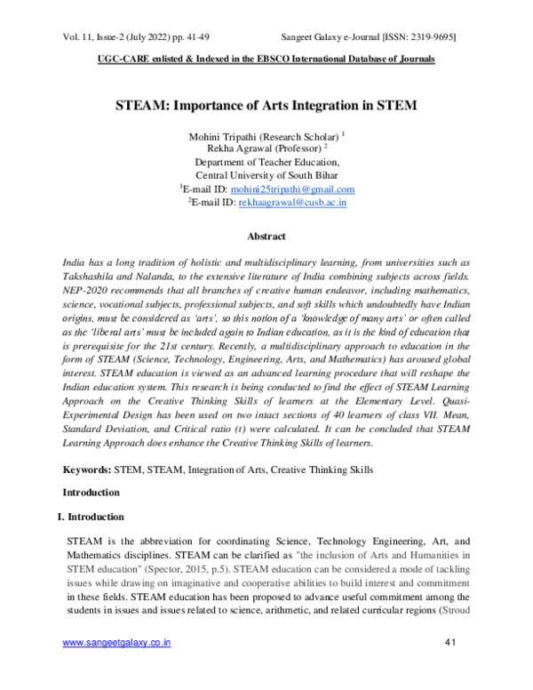 (PDF) STEAM: Importance of Arts Integration in STEM