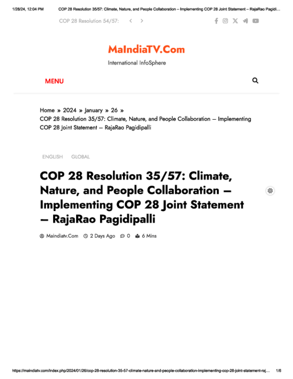 COP 28 Resolution 35/57: Climate, Nature, and People Collaboration – Implementing COP 28 Joint Statement – RajaRao Pagidipalli