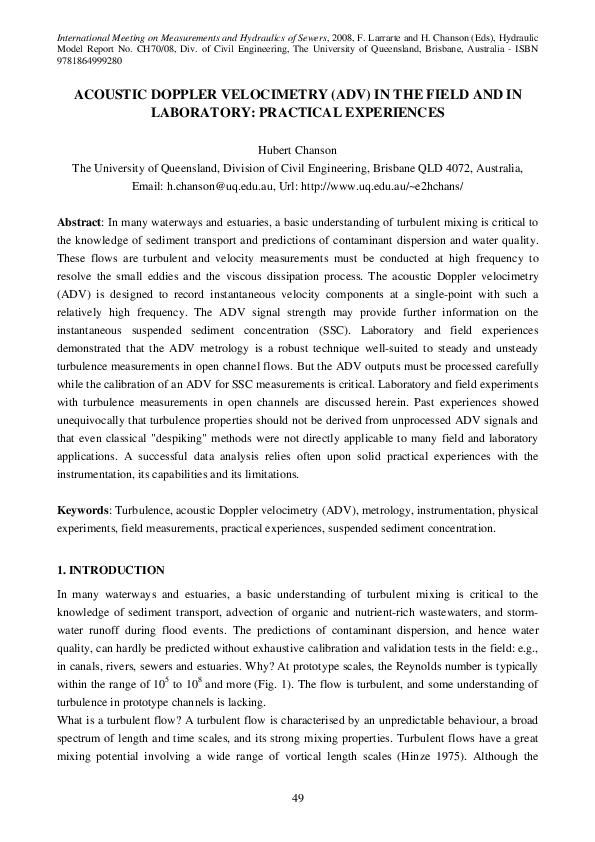 (PDF) ACOUSTIC DOPPLER VELOCIMETRY (ADV) IN THE FIELD AND IN LABORATORY ...