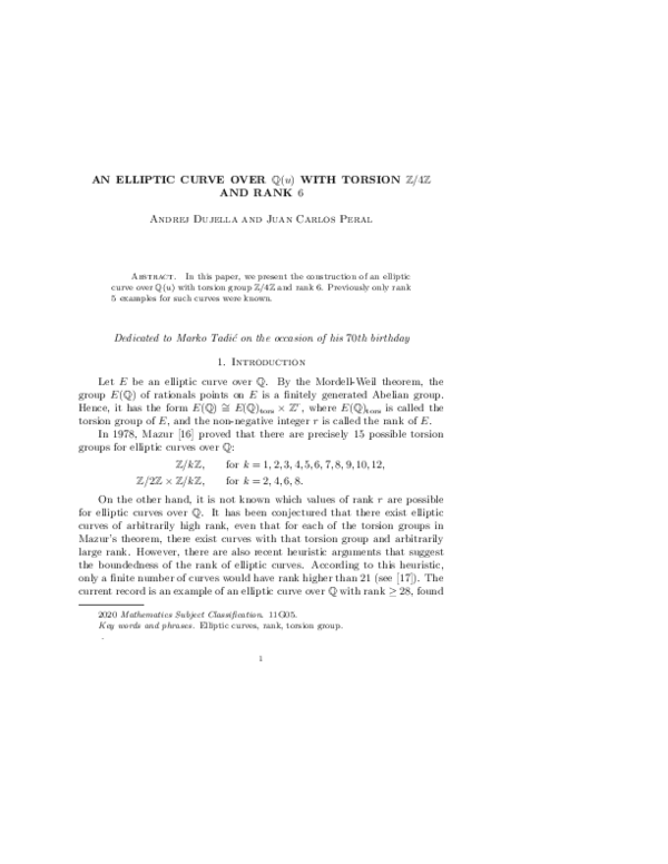 An elliptic curve over Q (u) with torsion Z/4Z and rank 6