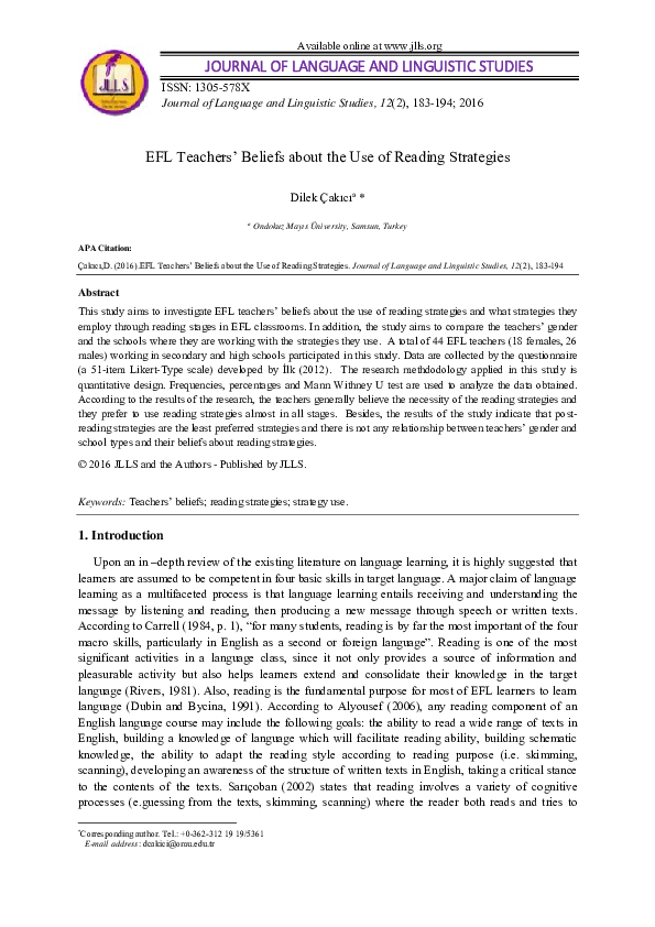 (PDF) EFL Teachers’ Beliefs about the Use of Reading Strategies