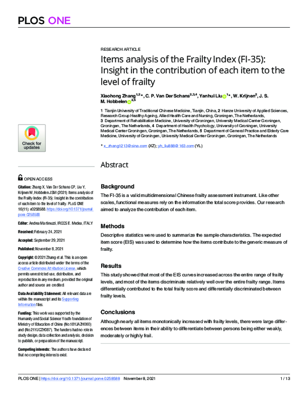 (PDF) Items analysis of the Frailty Index (FI-35): Insight in the ...