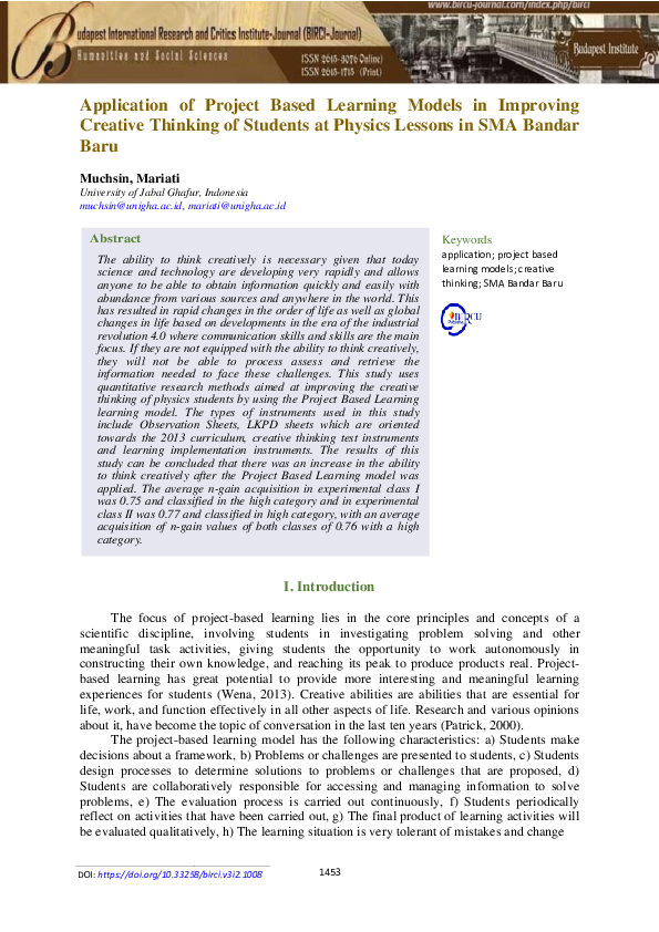 (PDF) Application of Project Based Learning Models in Improving ...
