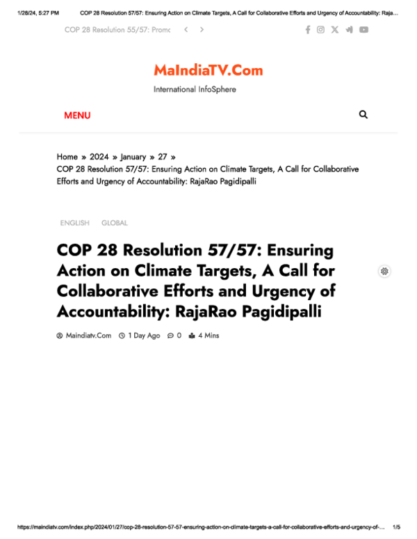 COP 28 Resolution 57/57: Ensuring Action on Climate Targets, A Call for Collaborative Efforts and Urgency of Accountability: RajaRao Pagidipalli