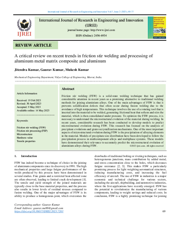 (PDF) A critical review on recent trends in friction stir welding and ...