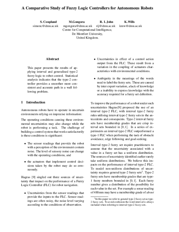 (PDF) A comparative study of fuzzy logic controllers for autonomous robots