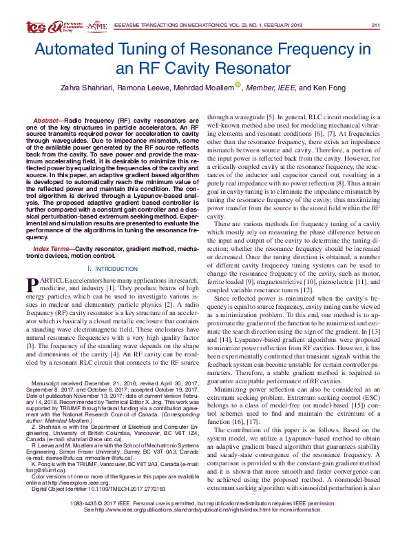 (PDF) Automated Tuning of Resonance Frequency in an RF Cavity Resonator