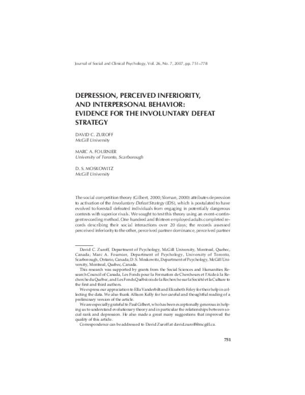 (PDF) Depression, Perceived Inferiority, and Interpersonal Behavior ...