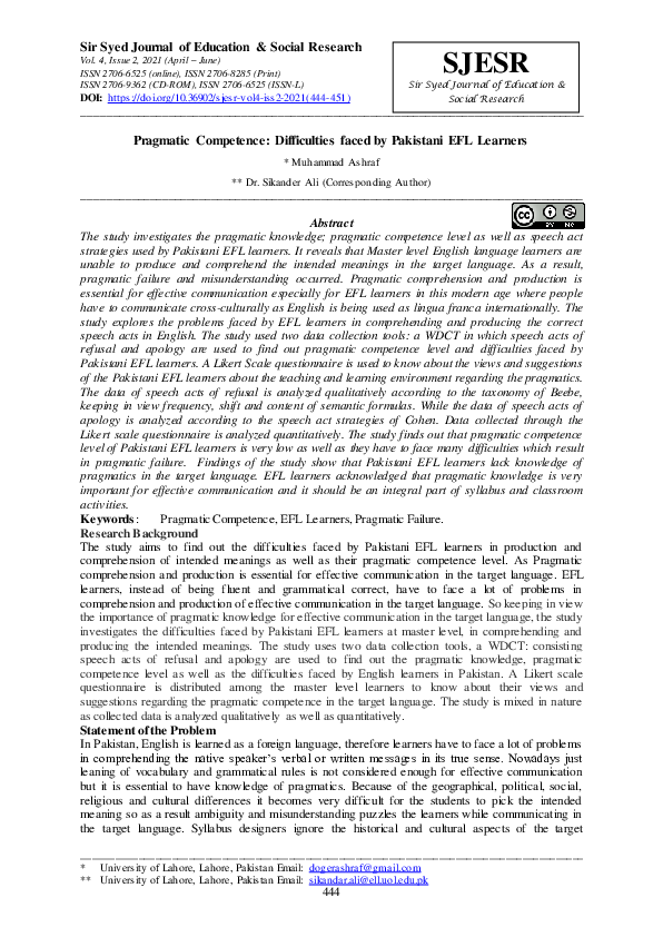 (PDF) Pragmatic Competence: Difficulties faced by Pakistani EFL Learners