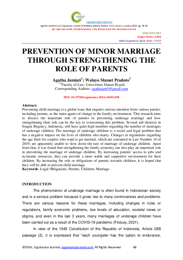 (PDF) PREVENTION OF MINOR MARRIAGE THROUGH STRENGTHENING THE ROLE OF ...