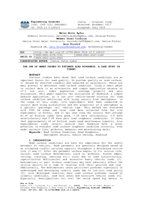 (PDF) The Use of Smart Phones to Estimate Road Roughness: A Case Study ...