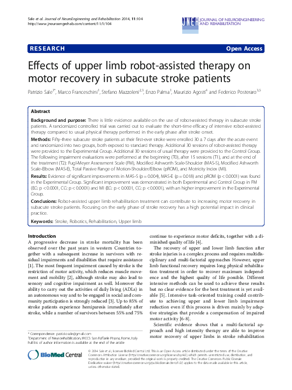 (PDF) Effects of upper limb robot-assisted therapy on motor recovery of ...