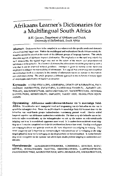 (PDF) Afrikaans Learner's Dictionaries for a Multilingual South Africa