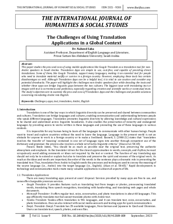 (PDF) The Challenges of Using Translation Applications in a Global Context