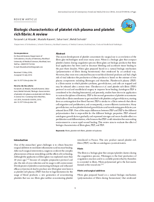 (PDF) Biologic characteristics of platelet rich plasma and platelet ...