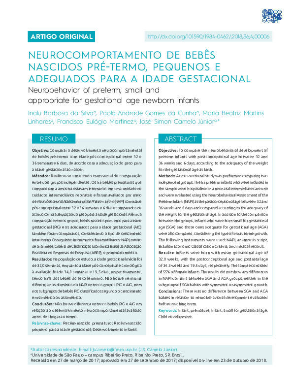 Neurocomportamento De Bebês Nascidos Pré-Termo, Pequenos e Adequados Para a Idade Gestacional