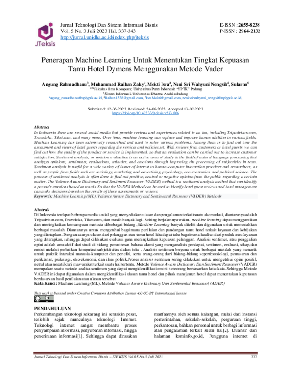(PDF) Penerapan Machine Learning Untuk Menentukan Tingkat Kepuasan Tamu ...