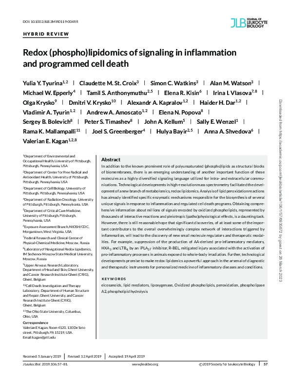 (PDF) Redox (phospho)lipidomics of signaling in inflammation and ...