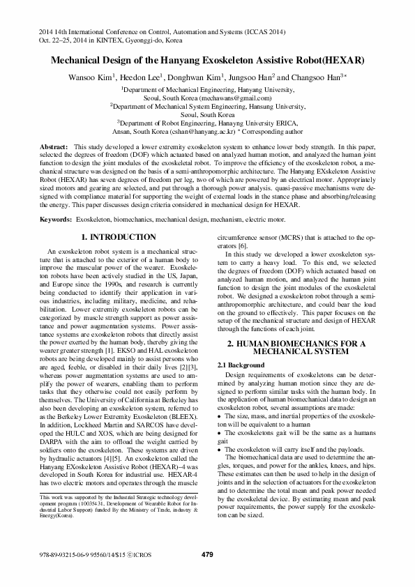 (PDF) Mechanical design of the Hanyang Exoskeleton Assistive Robot(HEXAR)