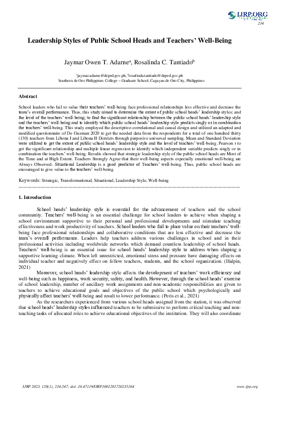 (PDF) Leadership Styles of Public School Heads and Teachers’ Well-Being