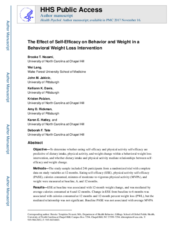 (PDF) The effect of self-efficacy on behavior and weight in a ...