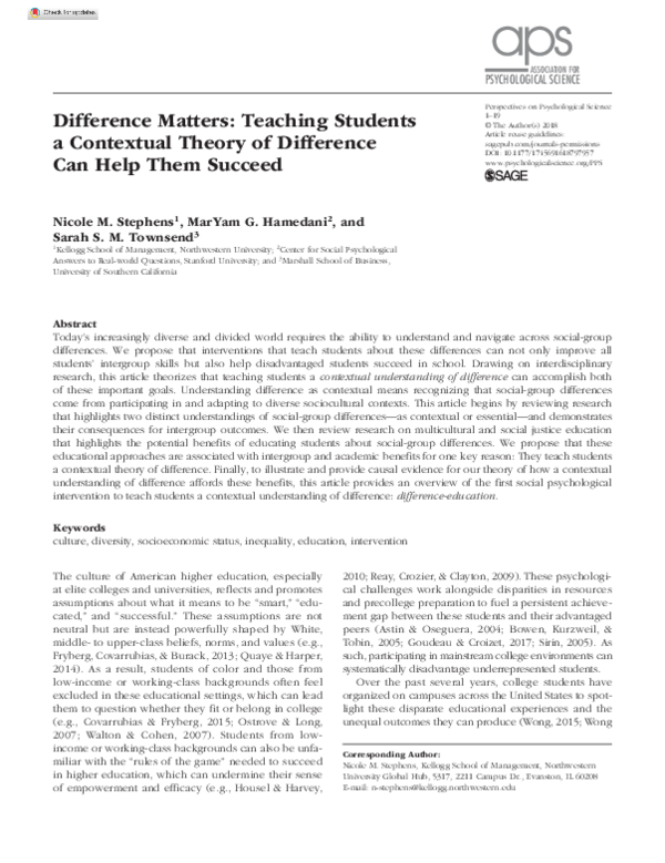 (PDF) Difference Matters: Teaching Students a Contextual Theory of ...
