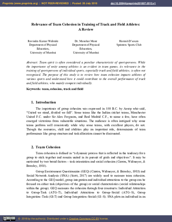 (PDF) Relevance of Team Cohesion in Training of Track and Field ...