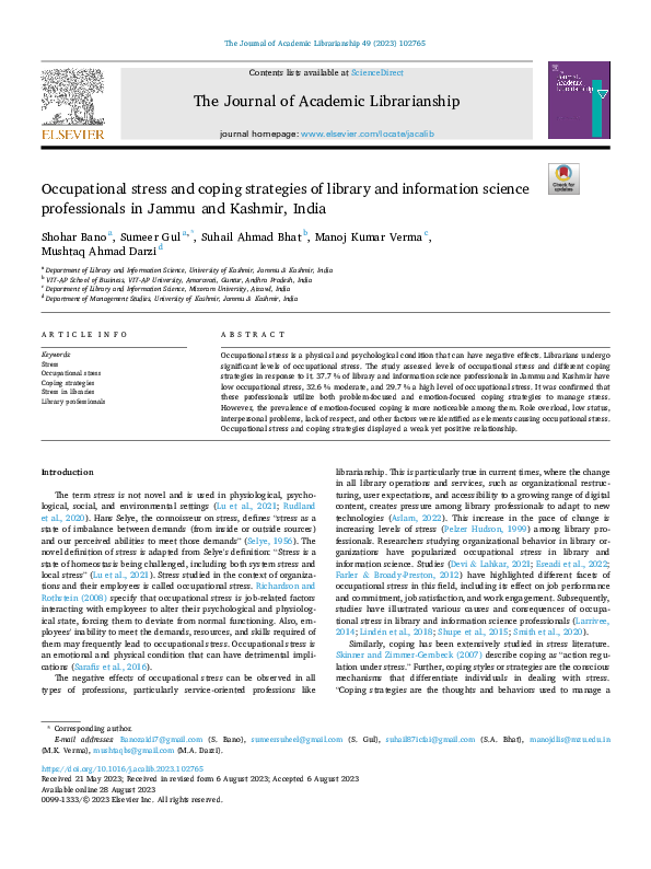 (PDF) Occupational stress and coping strategies of library and ...