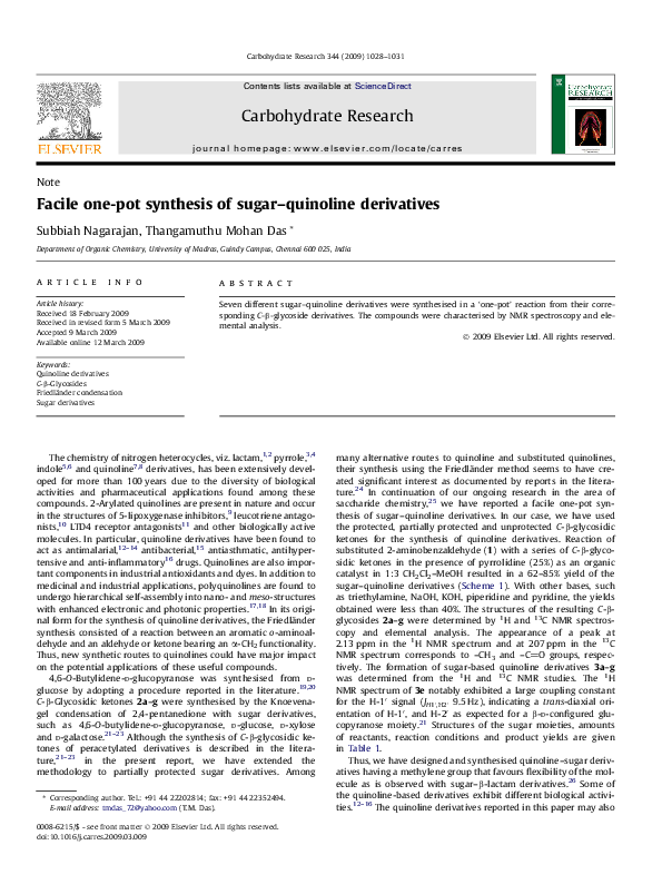 (PDF) Facile one-pot synthesis of sugar–quinoline derivatives