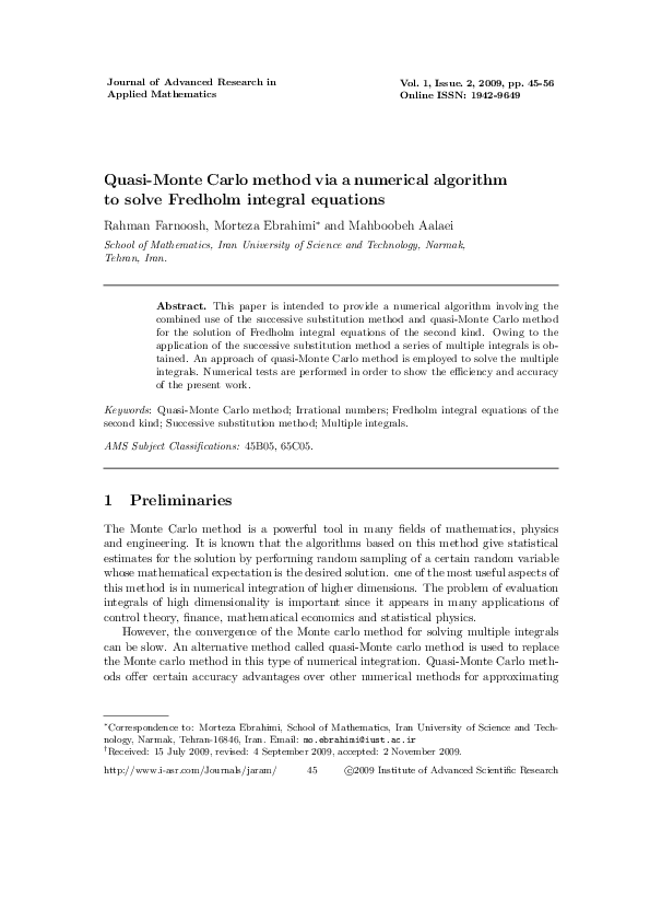 (PDF) Quasi-Monte Carlo method via a numerical algorithm to solve ...