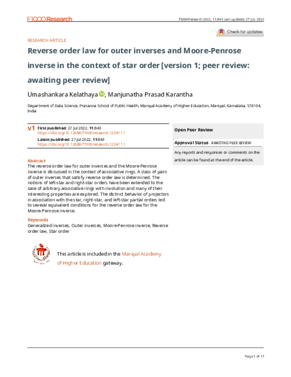 (PDF) Reverse order law for outer inverses and Moore-Penrose inverse in ...