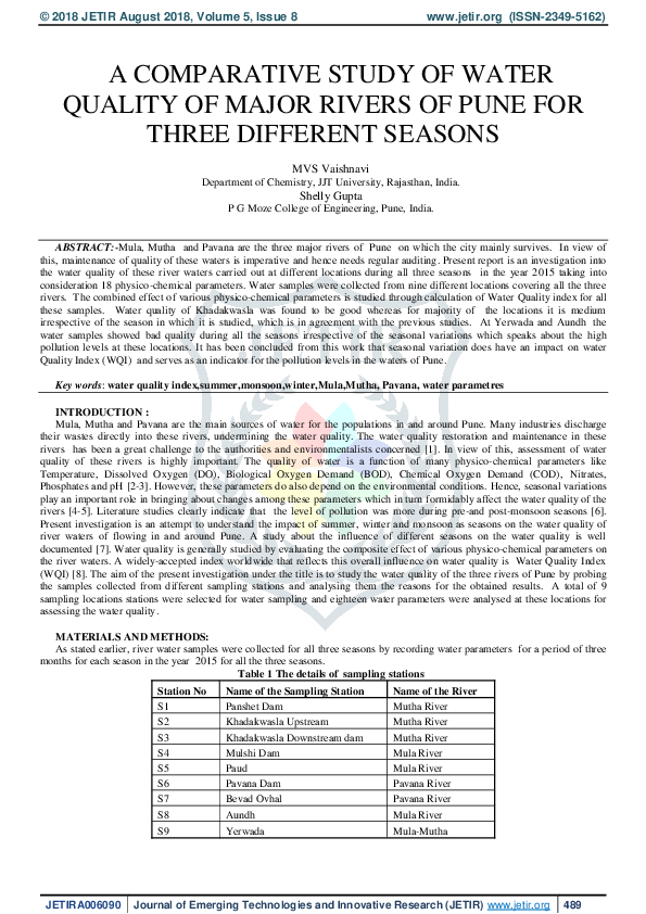 (PDF) A Comparative Study of Water Quality of Major Rivers of Pune for ...