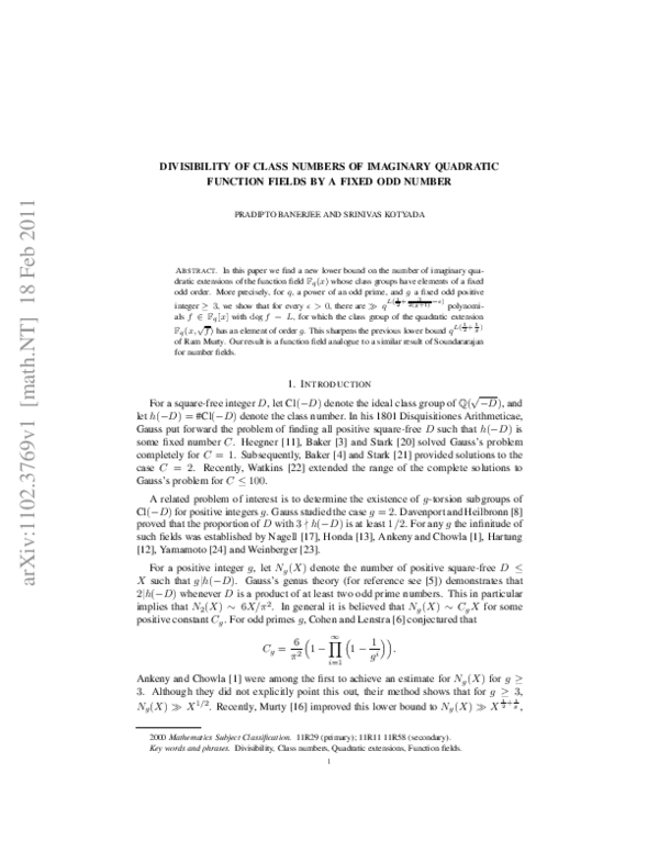 (PDF) Divisibility of class numbers of imaginary quadratic function ...