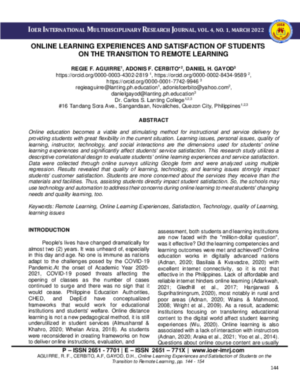 (PDF) Online Learning Experiences and Satisfaction of Students on the ...