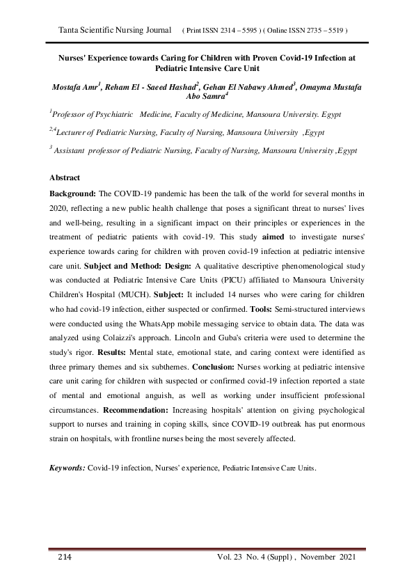 (PDF) Nurses' Experience towards Caring for Children with Proven Covid ...