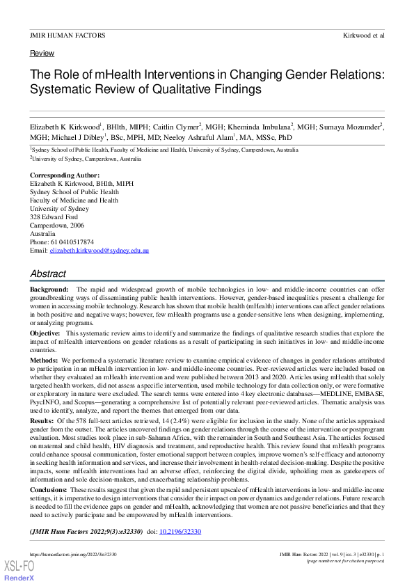 (PDF) The Role of mHealth Interventions in Changing Gender Relations ...