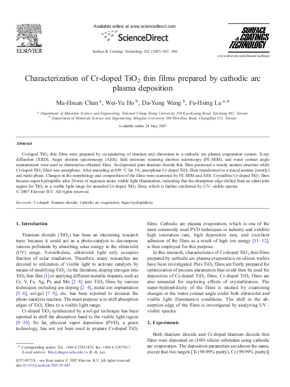 (PDF) Characterization of Cr-doped TiO2 thin films prepared by cathodic ...