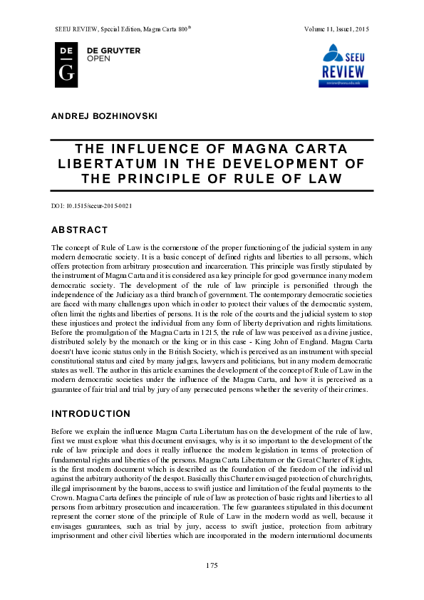 (PDF) The Influence Of Magna Carta Libertatum In The Development Of The ...