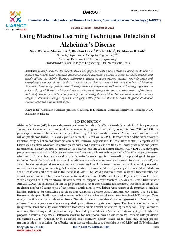 (PDF) Using Machine Learning Techniques Detection of Alzheimer's Disease