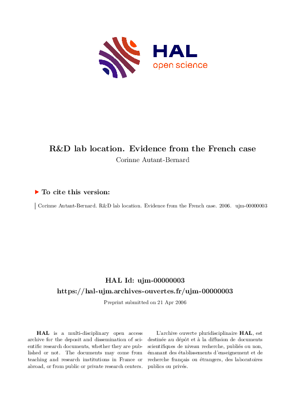 (PDF) R&D lab location. Evidence from the French case